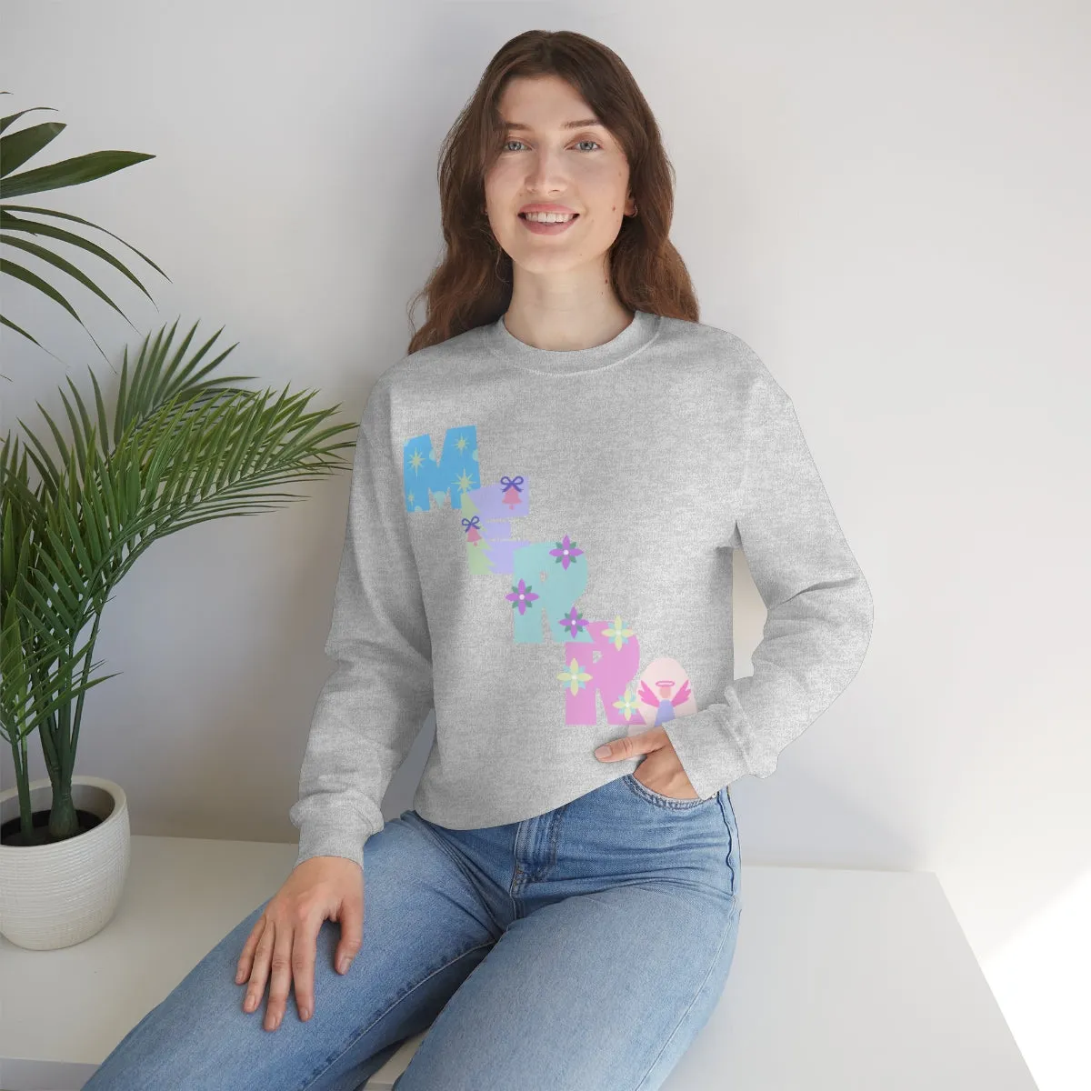 Pastel Christmas Sweatshirt, Holiday VSCO Girl Crewneck, Oversized Xmas Tumblr Sweater, Pastel Playful Letter Print Merry Trendy Sweatshirt
