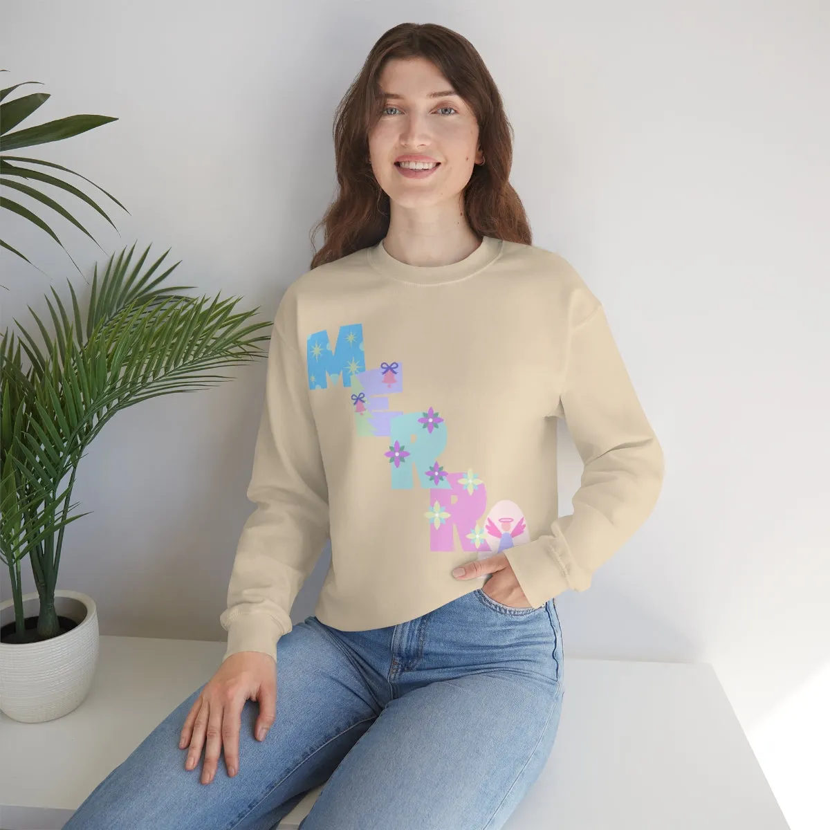 Pastel Christmas Sweatshirt, Holiday VSCO Girl Crewneck, Oversized Xmas Tumblr Sweater, Pastel Playful Letter Print Merry Trendy Sweatshirt