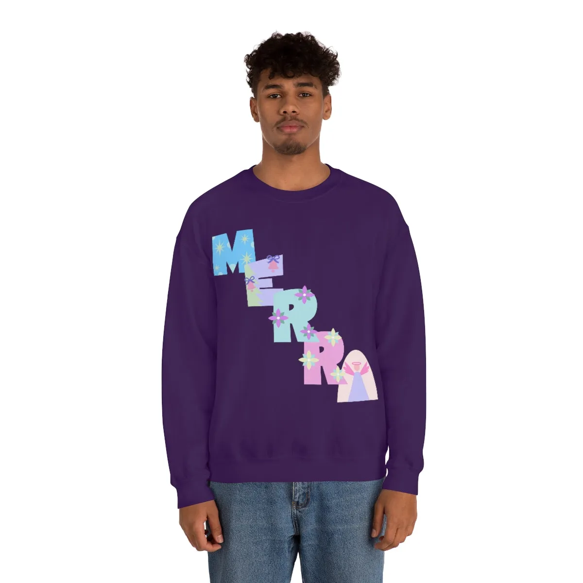 Pastel Christmas Sweatshirt, Holiday VSCO Girl Crewneck, Oversized Xmas Tumblr Sweater, Pastel Playful Letter Print Merry Trendy Sweatshirt