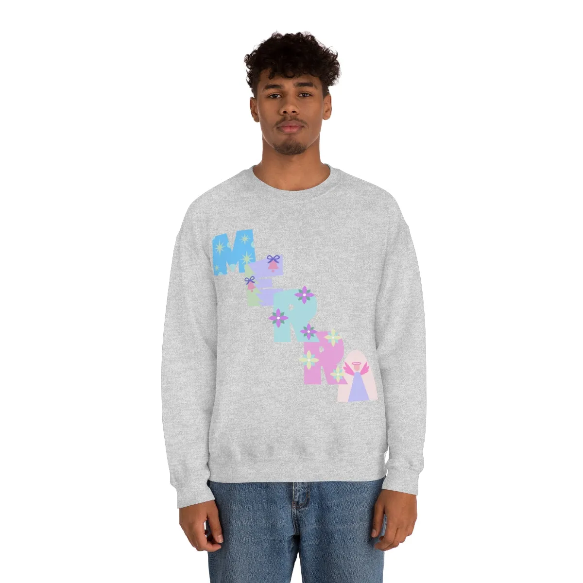 Pastel Christmas Sweatshirt, Holiday VSCO Girl Crewneck, Oversized Xmas Tumblr Sweater, Pastel Playful Letter Print Merry Trendy Sweatshirt