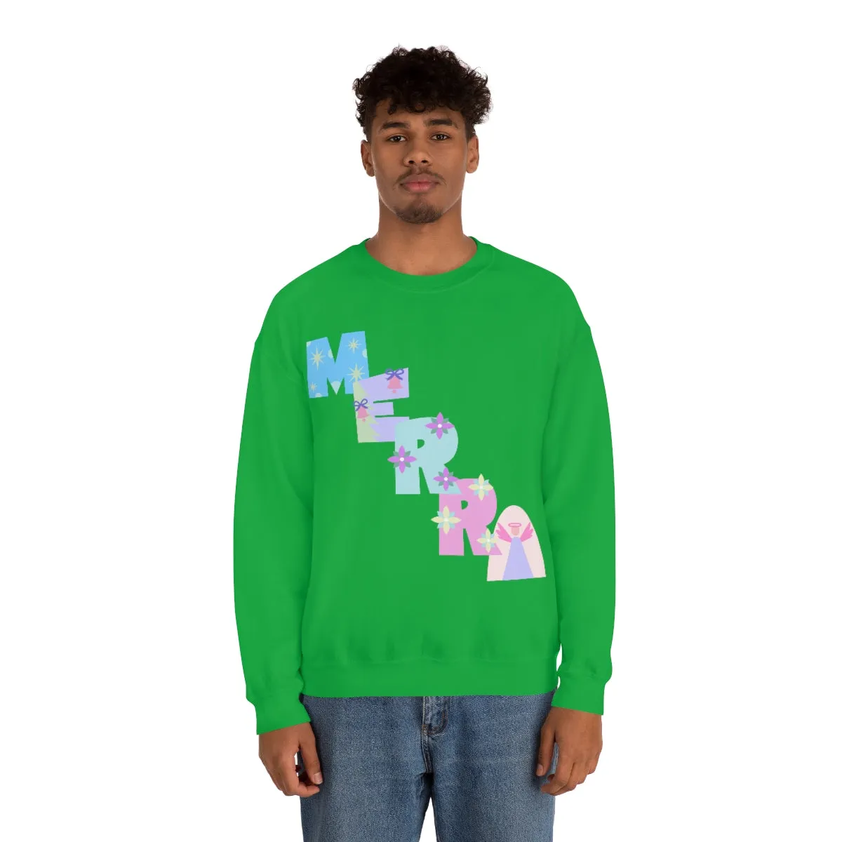 Pastel Christmas Sweatshirt, Holiday VSCO Girl Crewneck, Oversized Xmas Tumblr Sweater, Pastel Playful Letter Print Merry Trendy Sweatshirt