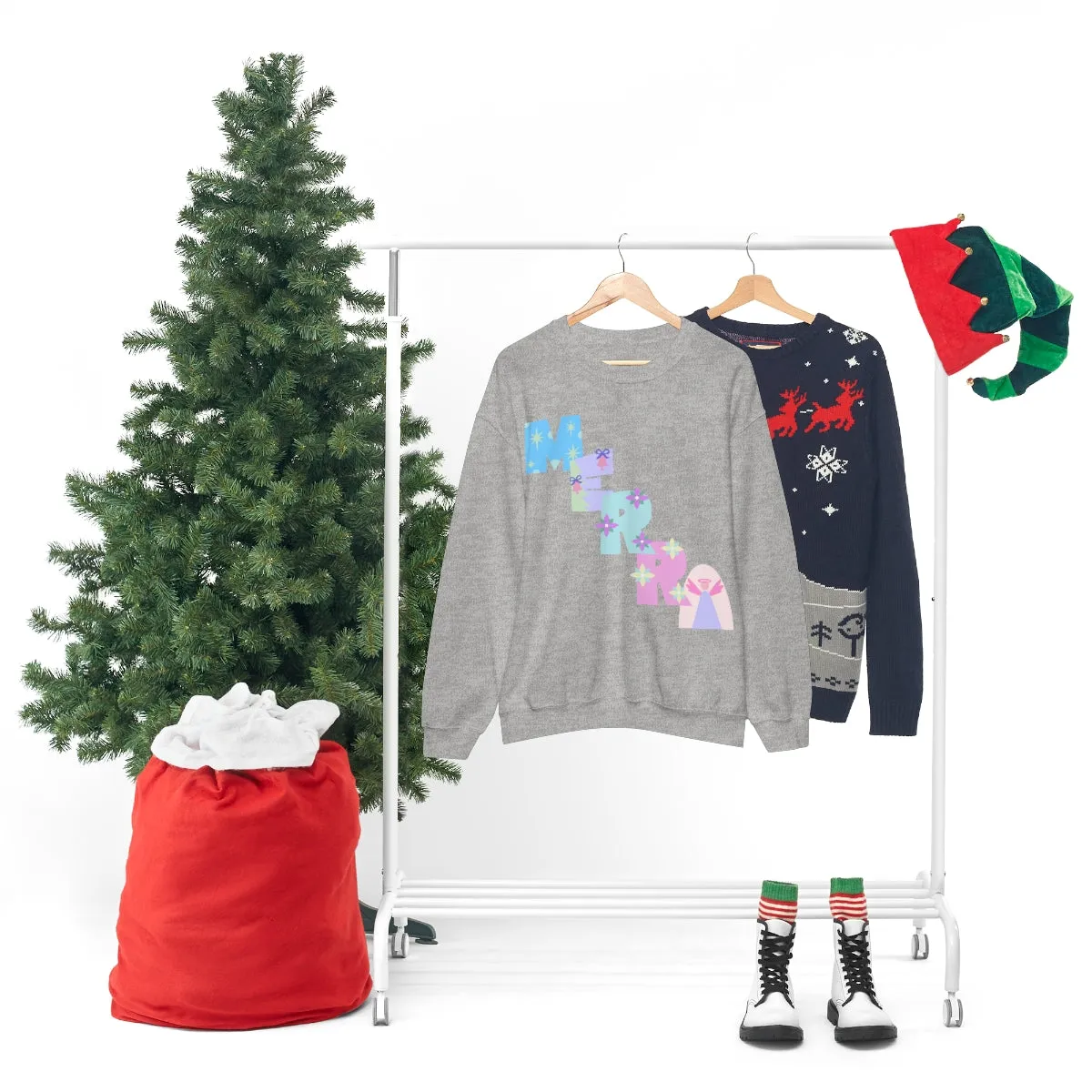 Pastel Christmas Sweatshirt, Holiday VSCO Girl Crewneck, Oversized Xmas Tumblr Sweater, Pastel Playful Letter Print Merry Trendy Sweatshirt