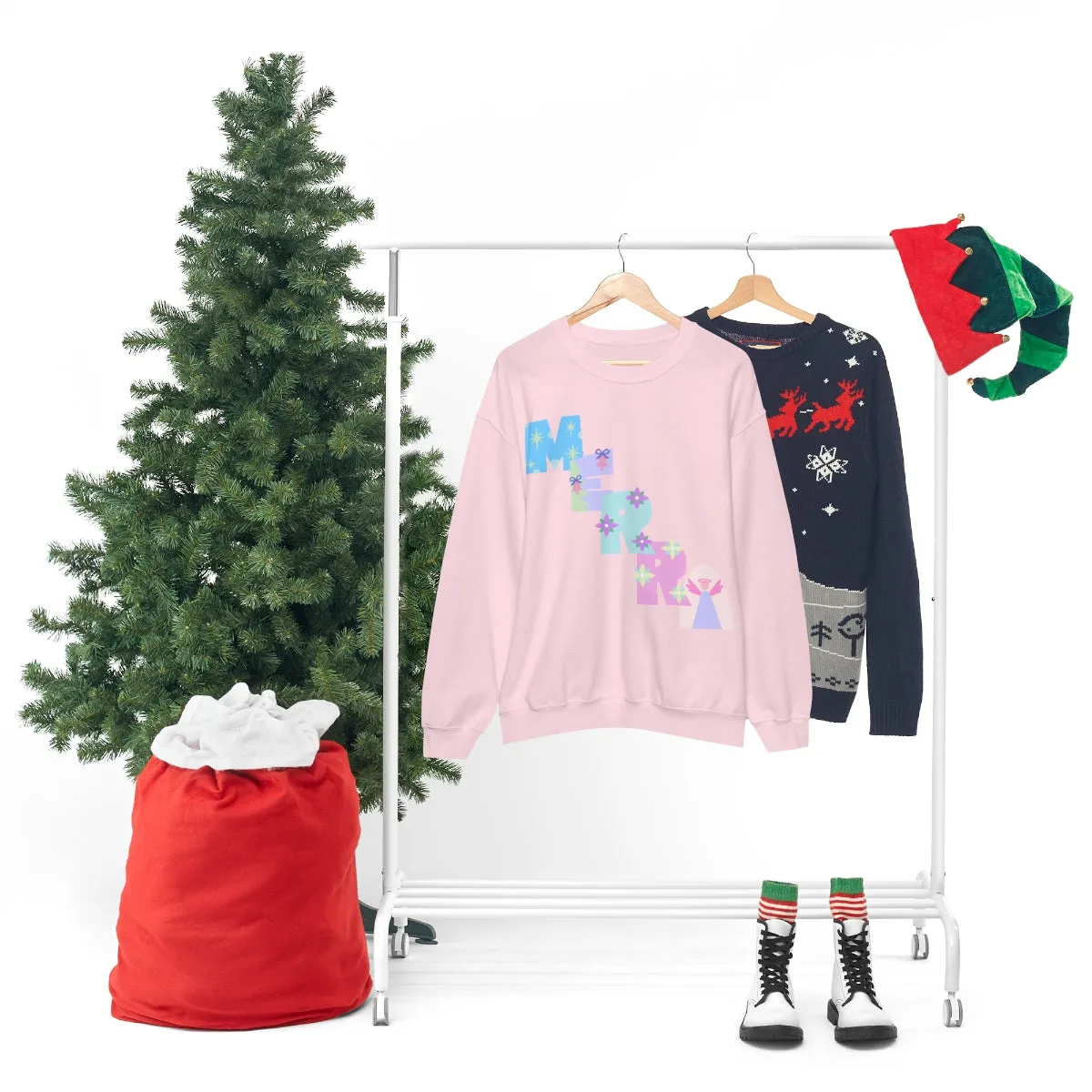 Pastel Christmas Sweatshirt, Holiday VSCO Girl Crewneck, Oversized Xmas Tumblr Sweater, Pastel Playful Letter Print Merry Trendy Sweatshirt