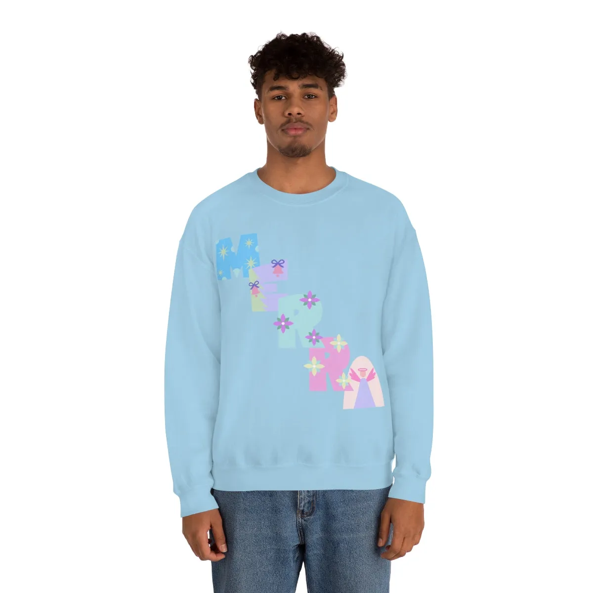 Pastel Christmas Sweatshirt, Holiday VSCO Girl Crewneck, Oversized Xmas Tumblr Sweater, Pastel Playful Letter Print Merry Trendy Sweatshirt