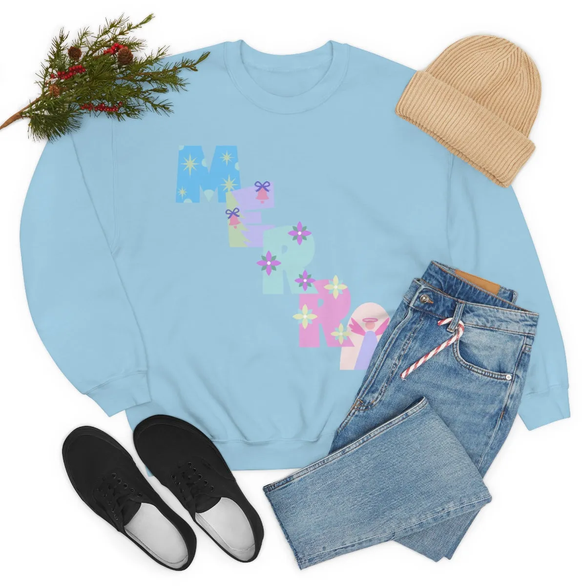 Pastel Christmas Sweatshirt, Holiday VSCO Girl Crewneck, Oversized Xmas Tumblr Sweater, Pastel Playful Letter Print Merry Trendy Sweatshirt