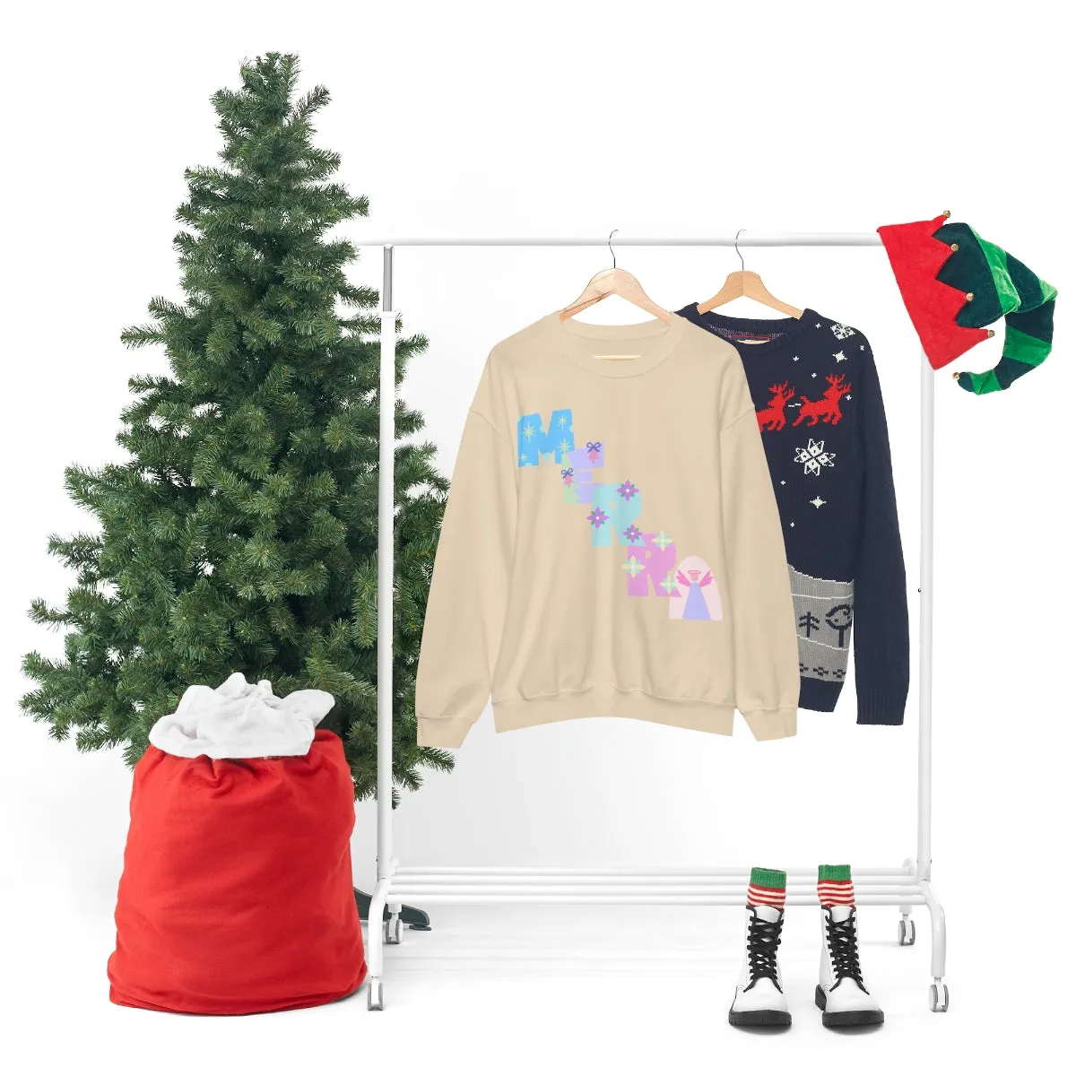 Pastel Christmas Sweatshirt, Holiday VSCO Girl Crewneck, Oversized Xmas Tumblr Sweater, Pastel Playful Letter Print Merry Trendy Sweatshirt