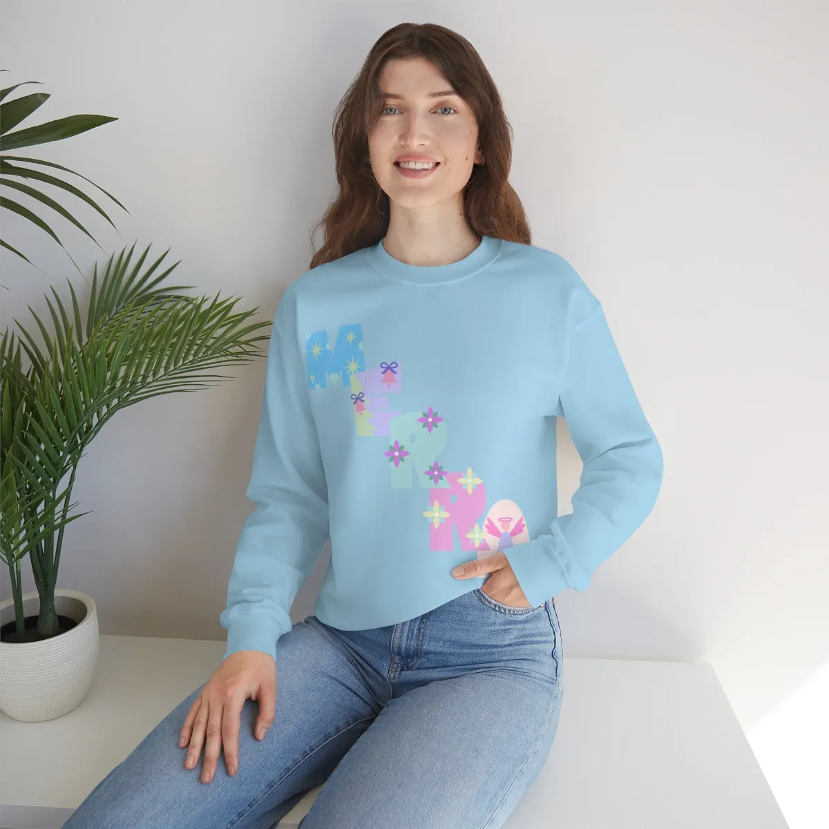 Pastel Christmas Sweatshirt, Holiday VSCO Girl Crewneck, Oversized Xmas Tumblr Sweater, Pastel Playful Letter Print Merry Trendy Sweatshirt