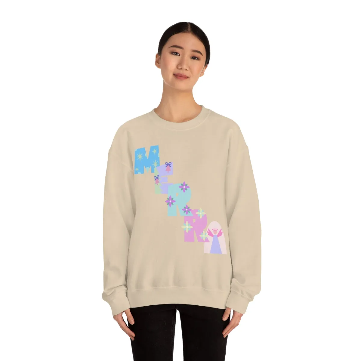 Pastel Christmas Sweatshirt, Holiday VSCO Girl Crewneck, Oversized Xmas Tumblr Sweater, Pastel Playful Letter Print Merry Trendy Sweatshirt