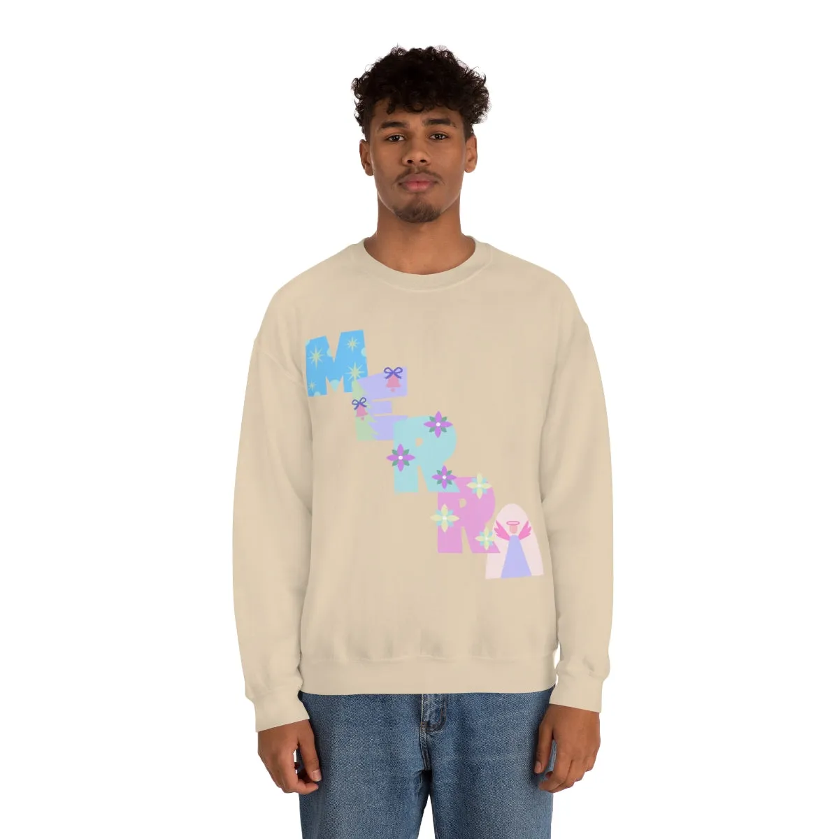 Pastel Christmas Sweatshirt, Holiday VSCO Girl Crewneck, Oversized Xmas Tumblr Sweater, Pastel Playful Letter Print Merry Trendy Sweatshirt