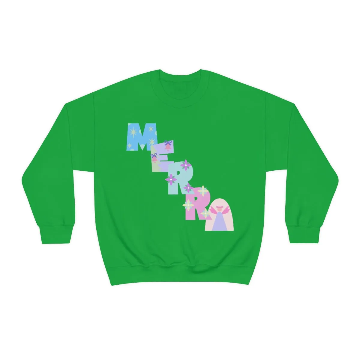 Pastel Christmas Sweatshirt, Holiday VSCO Girl Crewneck, Oversized Xmas Tumblr Sweater, Pastel Playful Letter Print Merry Trendy Sweatshirt