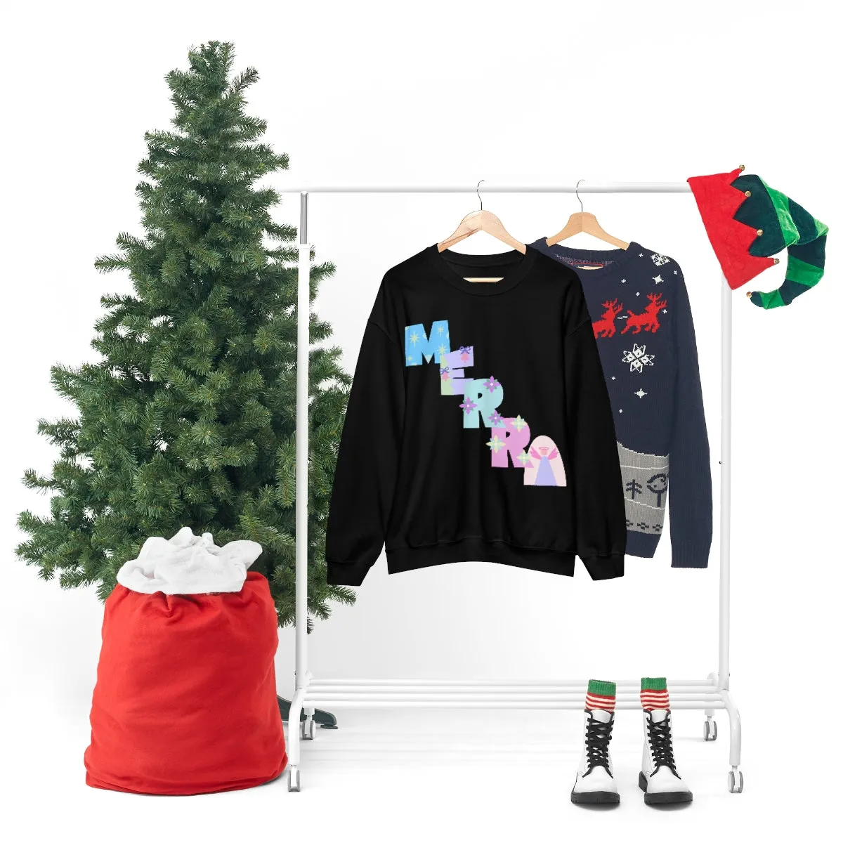 Pastel Christmas Sweatshirt, Holiday VSCO Girl Crewneck, Oversized Xmas Tumblr Sweater, Pastel Playful Letter Print Merry Trendy Sweatshirt