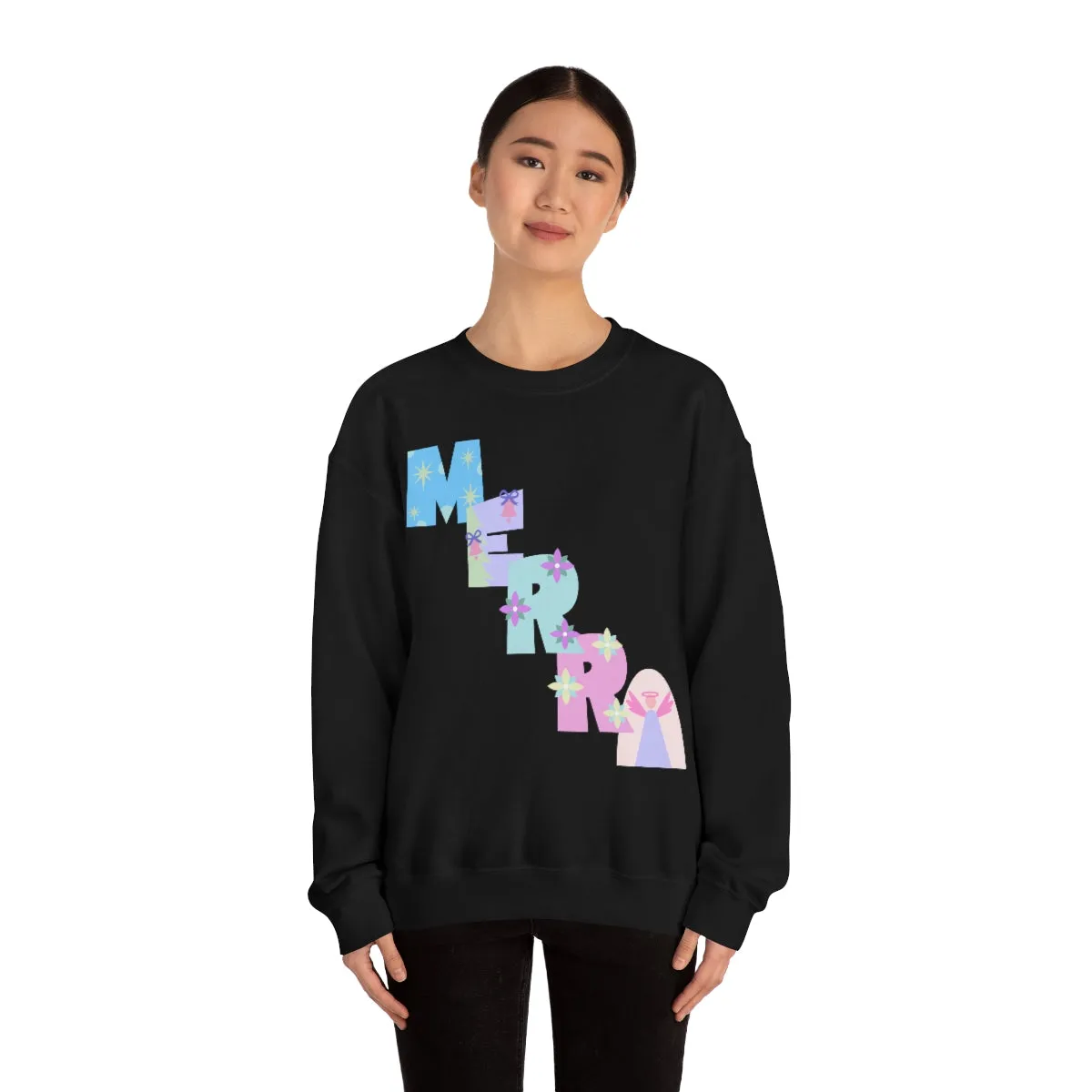 Pastel Christmas Sweatshirt, Holiday VSCO Girl Crewneck, Oversized Xmas Tumblr Sweater, Pastel Playful Letter Print Merry Trendy Sweatshirt