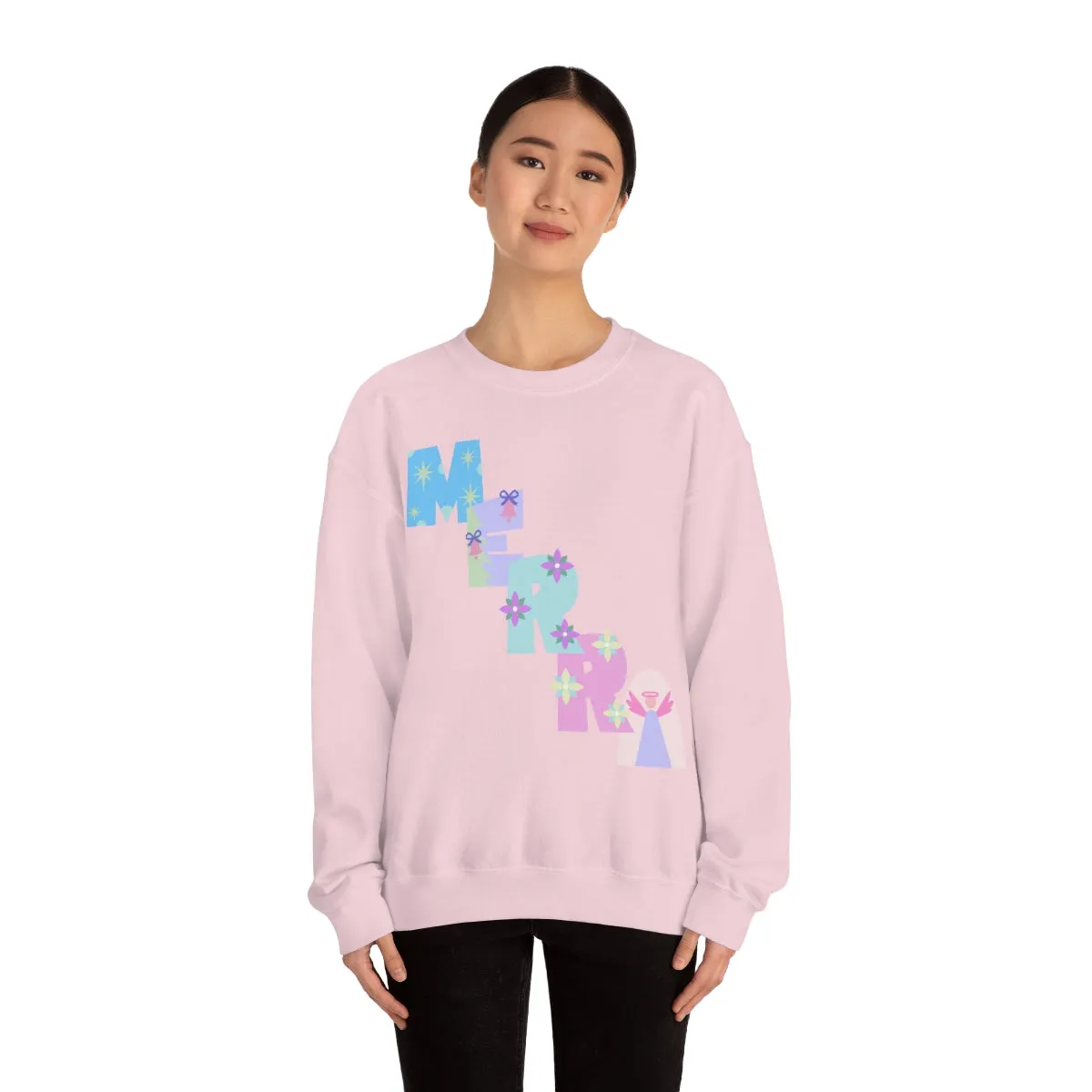 Pastel Christmas Sweatshirt, Holiday VSCO Girl Crewneck, Oversized Xmas Tumblr Sweater, Pastel Playful Letter Print Merry Trendy Sweatshirt
