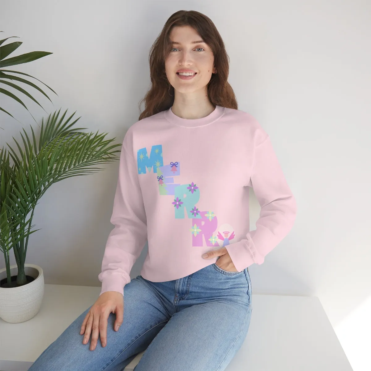 Pastel Christmas Sweatshirt, Holiday VSCO Girl Crewneck, Oversized Xmas Tumblr Sweater, Pastel Playful Letter Print Merry Trendy Sweatshirt