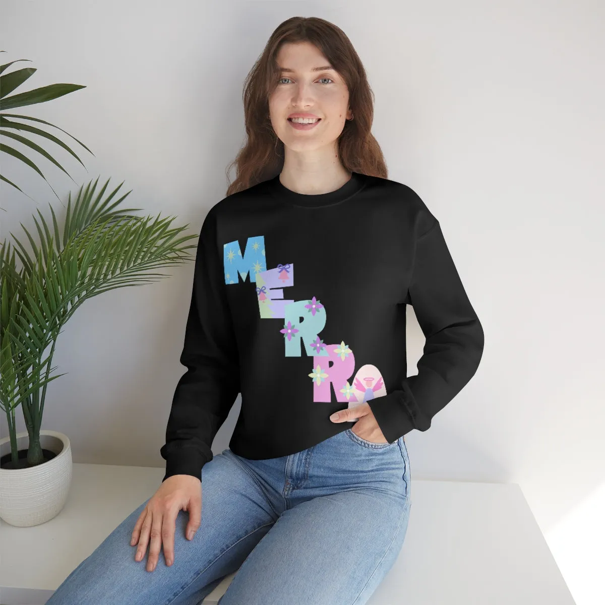 Pastel Christmas Sweatshirt, Holiday VSCO Girl Crewneck, Oversized Xmas Tumblr Sweater, Pastel Playful Letter Print Merry Trendy Sweatshirt