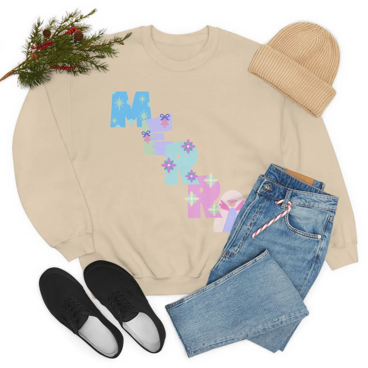 Pastel Christmas Sweatshirt, Holiday VSCO Girl Crewneck, Oversized Xmas Tumblr Sweater, Pastel Playful Letter Print Merry Trendy Sweatshirt