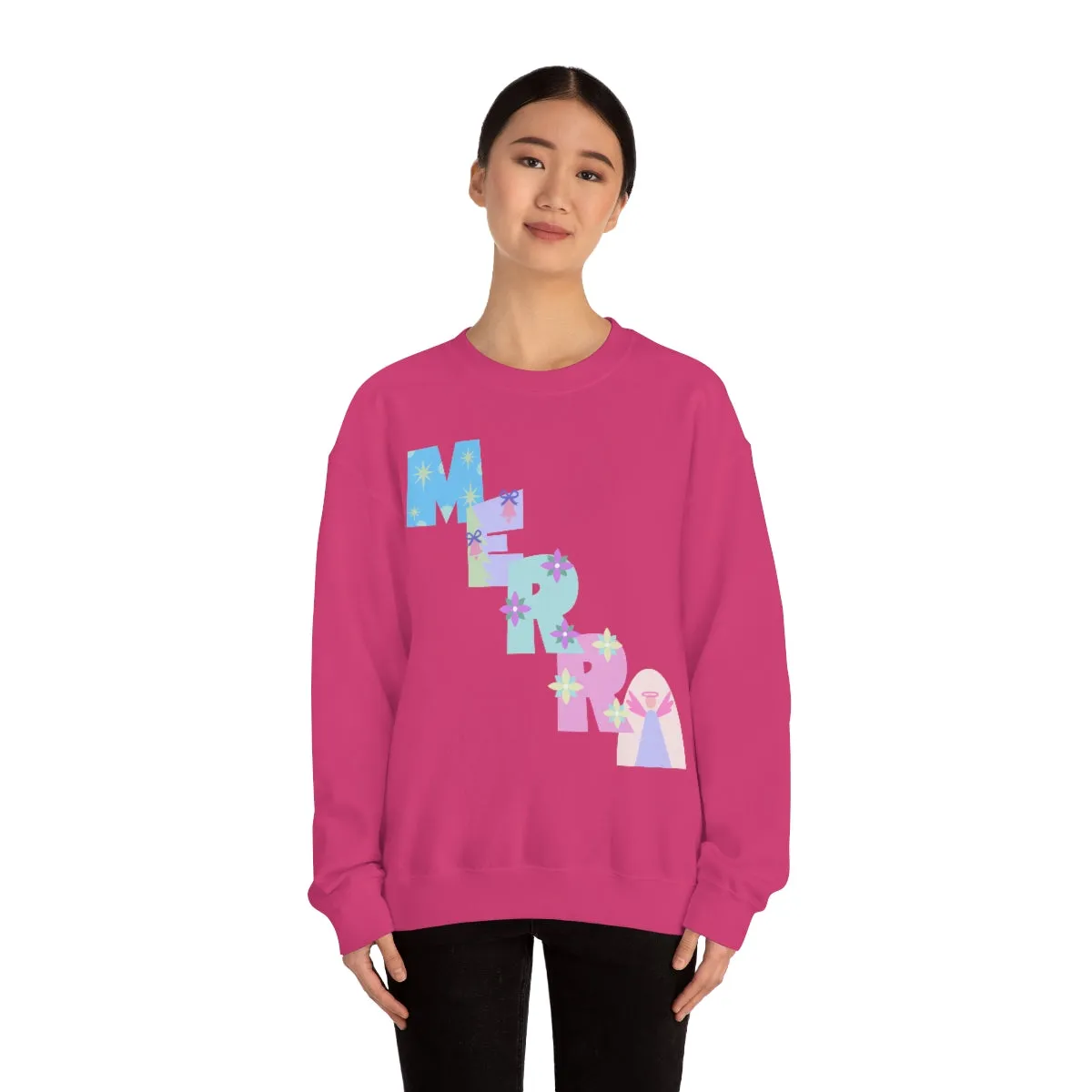 Pastel Christmas Sweatshirt, Holiday VSCO Girl Crewneck, Oversized Xmas Tumblr Sweater, Pastel Playful Letter Print Merry Trendy Sweatshirt
