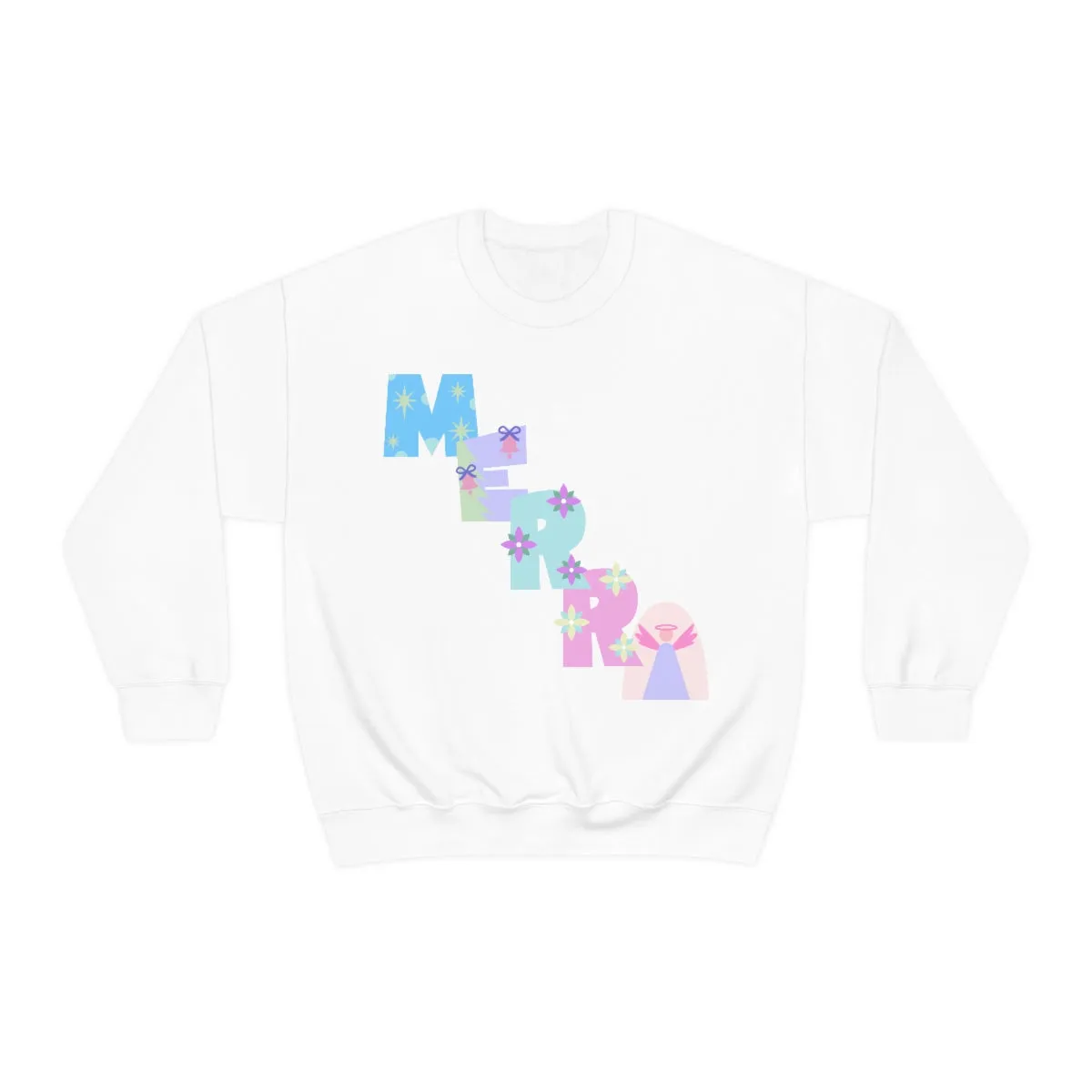 Pastel Christmas Sweatshirt, Holiday VSCO Girl Crewneck, Oversized Xmas Tumblr Sweater, Pastel Playful Letter Print Merry Trendy Sweatshirt