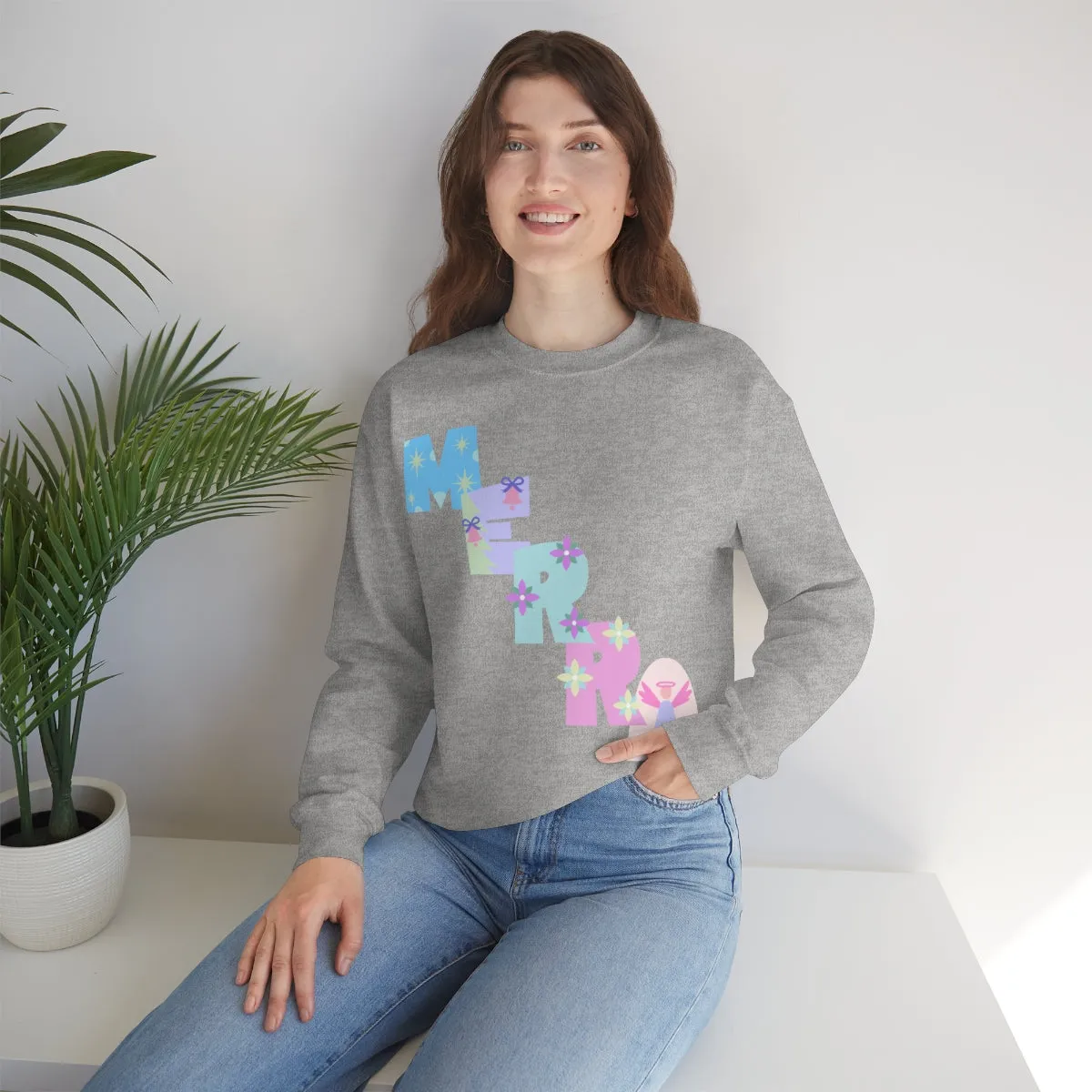 Pastel Christmas Sweatshirt, Holiday VSCO Girl Crewneck, Oversized Xmas Tumblr Sweater, Pastel Playful Letter Print Merry Trendy Sweatshirt