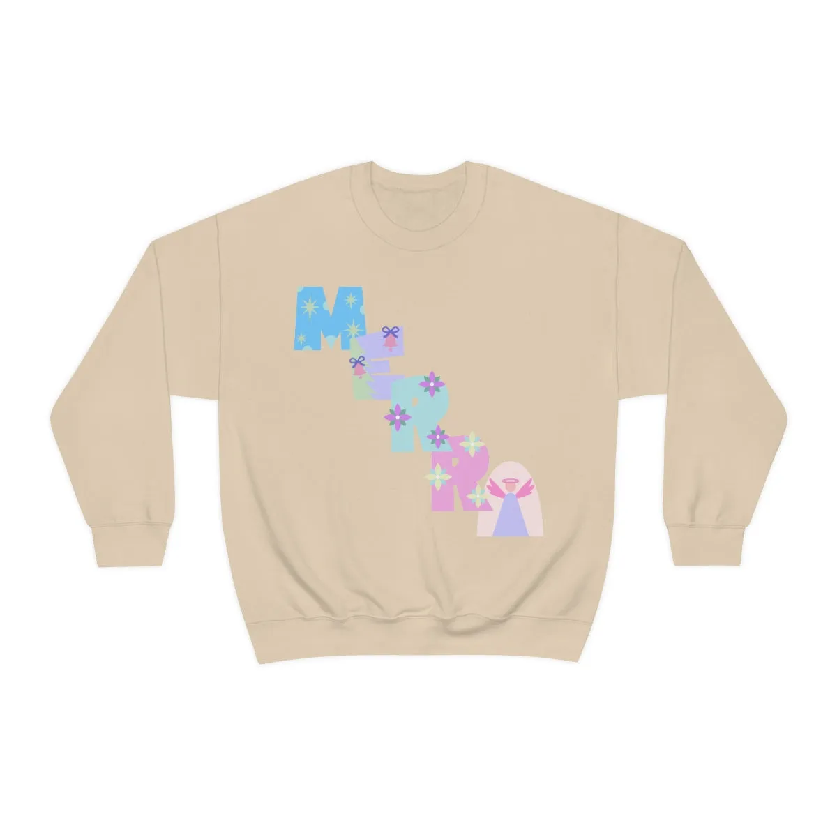 Pastel Christmas Sweatshirt, Holiday VSCO Girl Crewneck, Oversized Xmas Tumblr Sweater, Pastel Playful Letter Print Merry Trendy Sweatshirt
