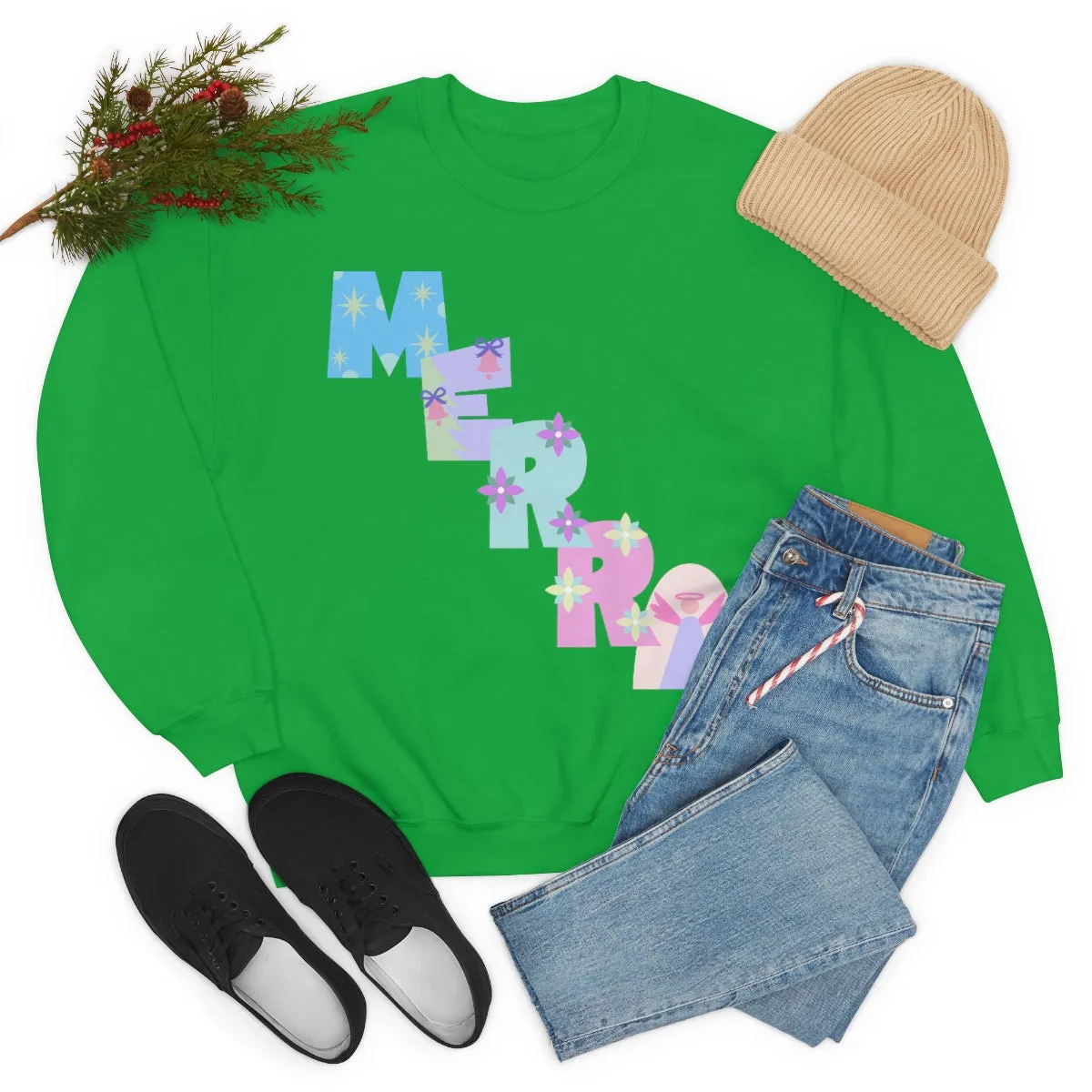 Pastel Christmas Sweatshirt, Holiday VSCO Girl Crewneck, Oversized Xmas Tumblr Sweater, Pastel Playful Letter Print Merry Trendy Sweatshirt