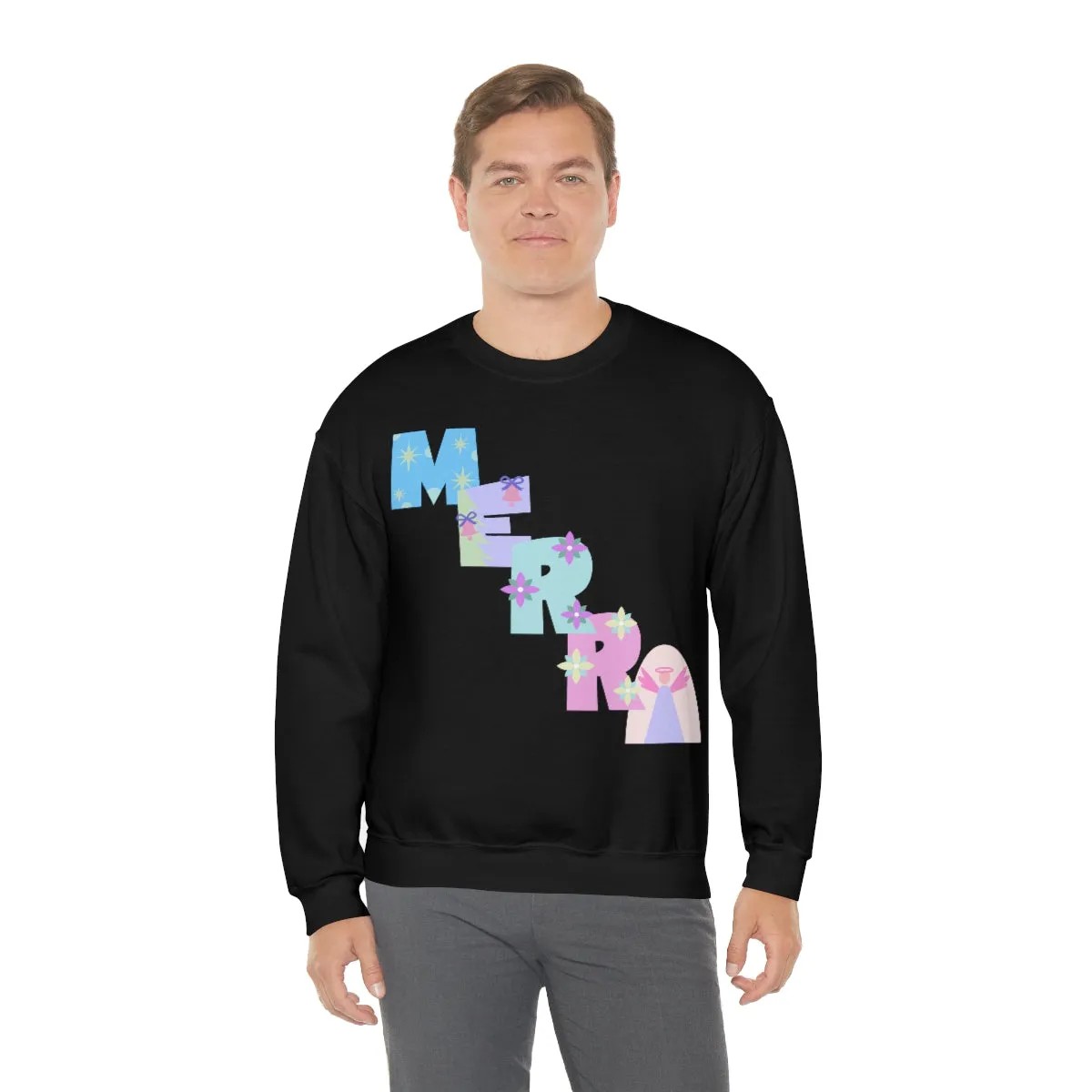 Pastel Christmas Sweatshirt, Holiday VSCO Girl Crewneck, Oversized Xmas Tumblr Sweater, Pastel Playful Letter Print Merry Trendy Sweatshirt