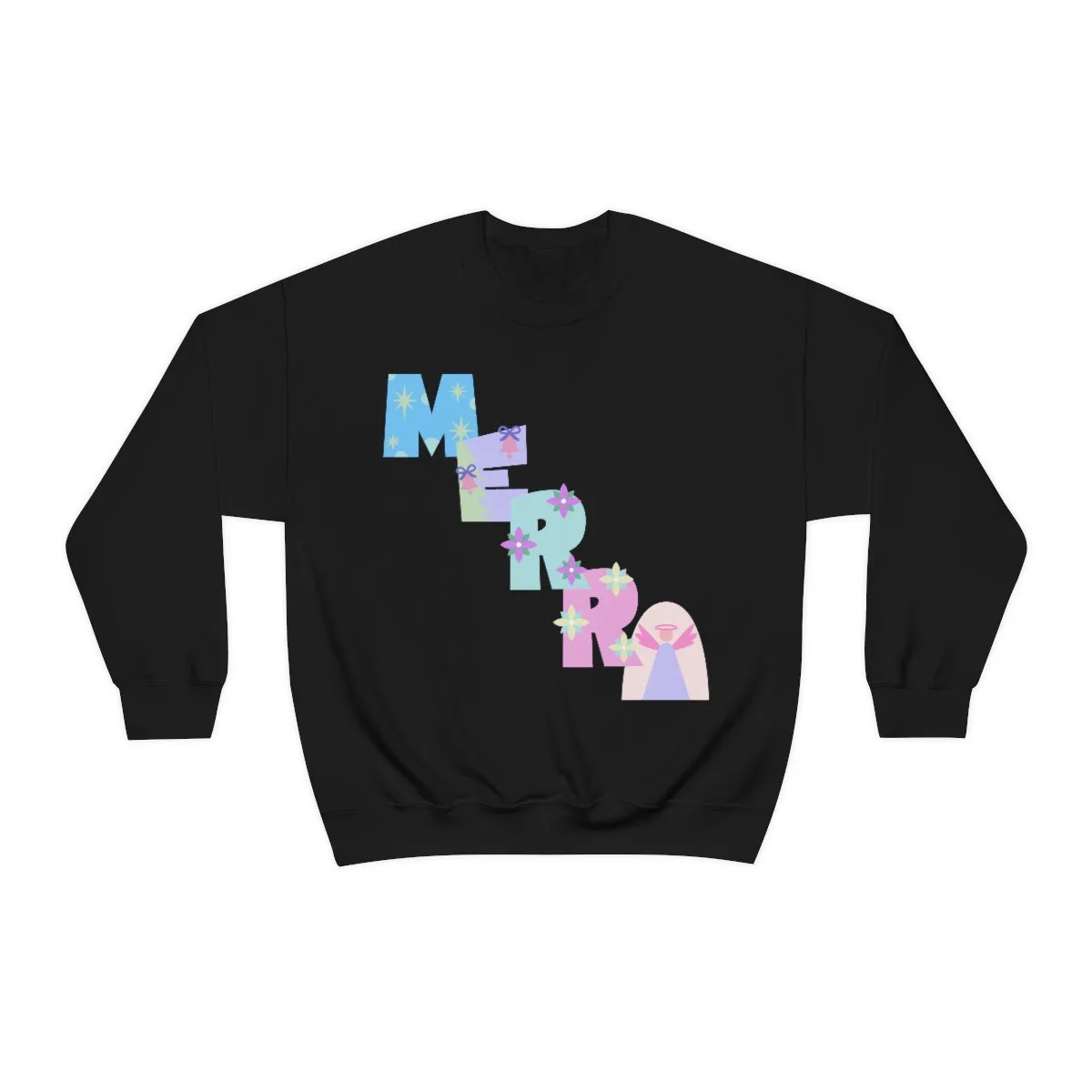 Pastel Christmas Sweatshirt, Holiday VSCO Girl Crewneck, Oversized Xmas Tumblr Sweater, Pastel Playful Letter Print Merry Trendy Sweatshirt