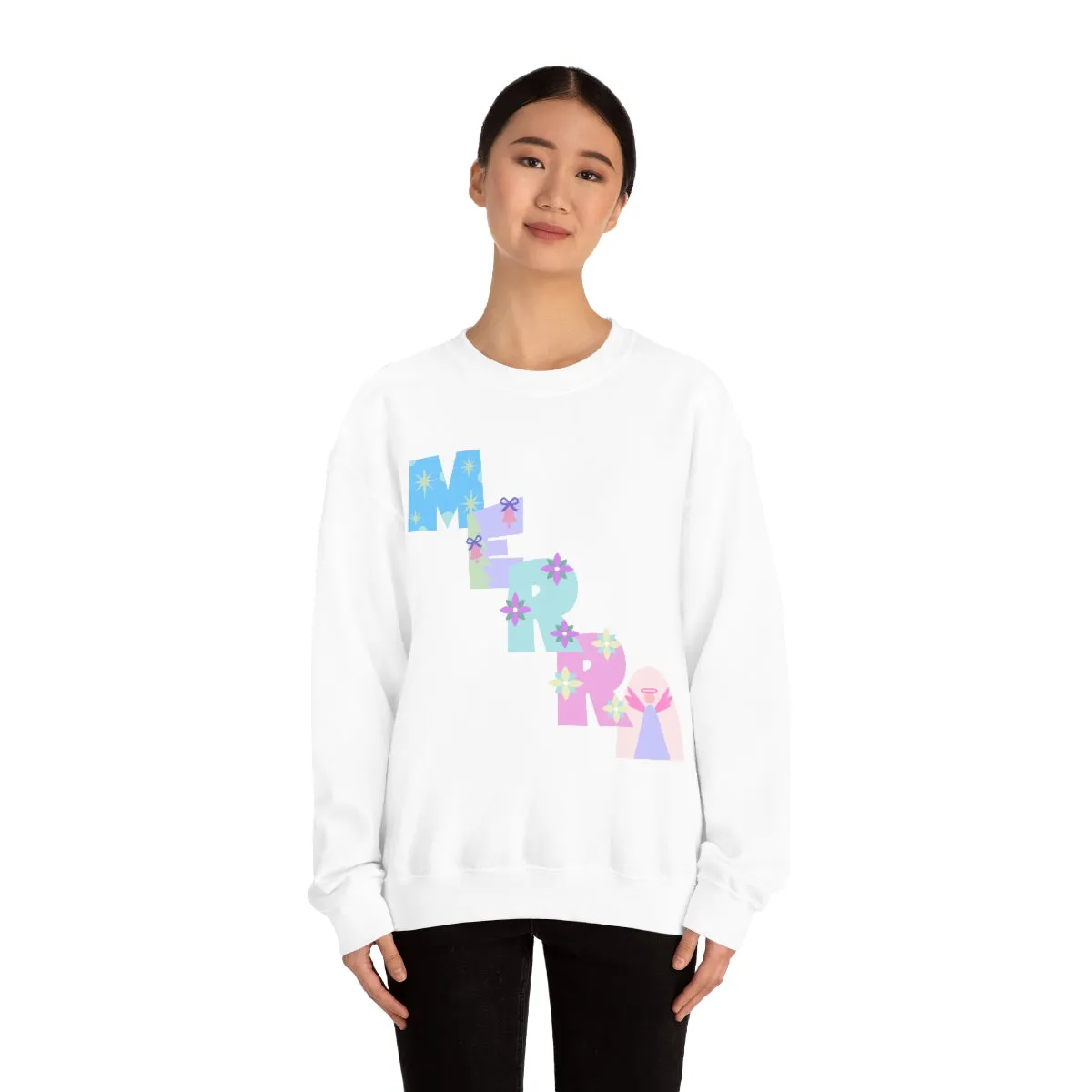 Pastel Christmas Sweatshirt, Holiday VSCO Girl Crewneck, Oversized Xmas Tumblr Sweater, Pastel Playful Letter Print Merry Trendy Sweatshirt