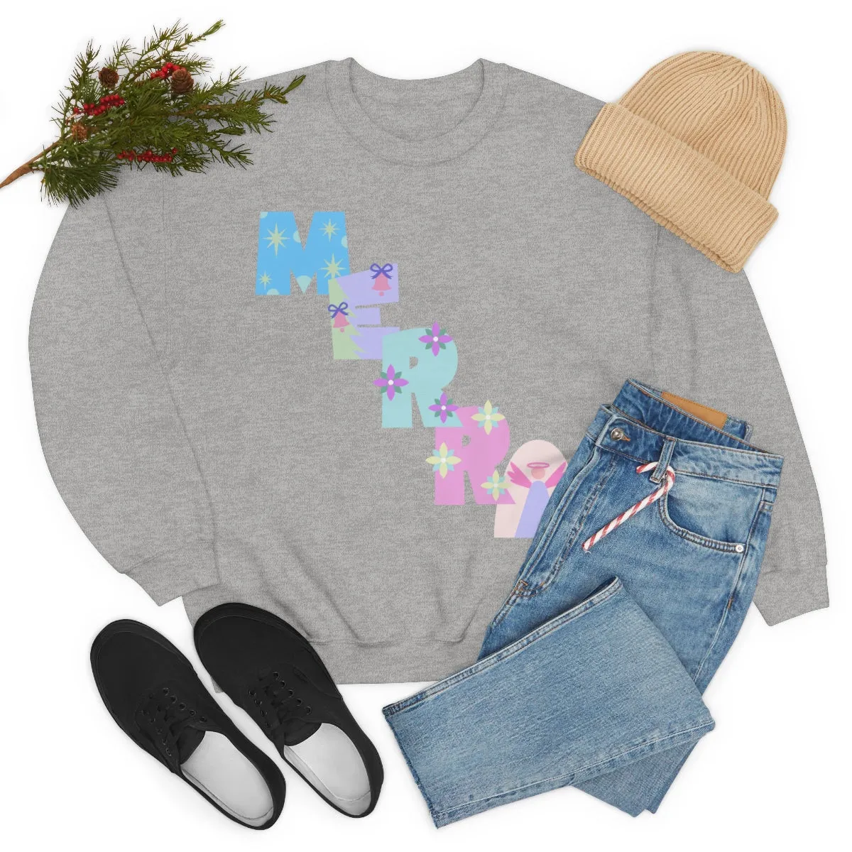 Pastel Christmas Sweatshirt, Holiday VSCO Girl Crewneck, Oversized Xmas Tumblr Sweater, Pastel Playful Letter Print Merry Trendy Sweatshirt