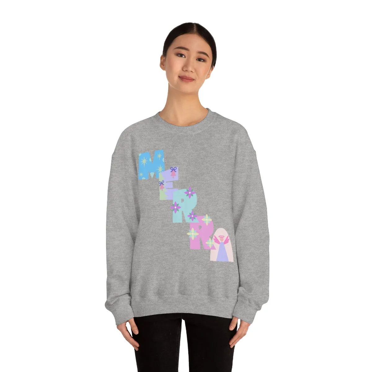 Pastel Christmas Sweatshirt, Holiday VSCO Girl Crewneck, Oversized Xmas Tumblr Sweater, Pastel Playful Letter Print Merry Trendy Sweatshirt
