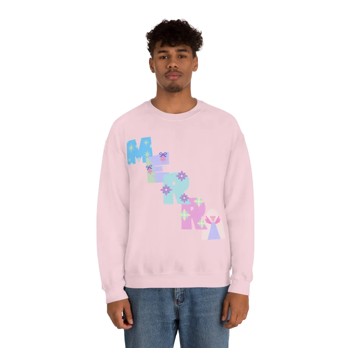 Pastel Christmas Sweatshirt, Holiday VSCO Girl Crewneck, Oversized Xmas Tumblr Sweater, Pastel Playful Letter Print Merry Trendy Sweatshirt