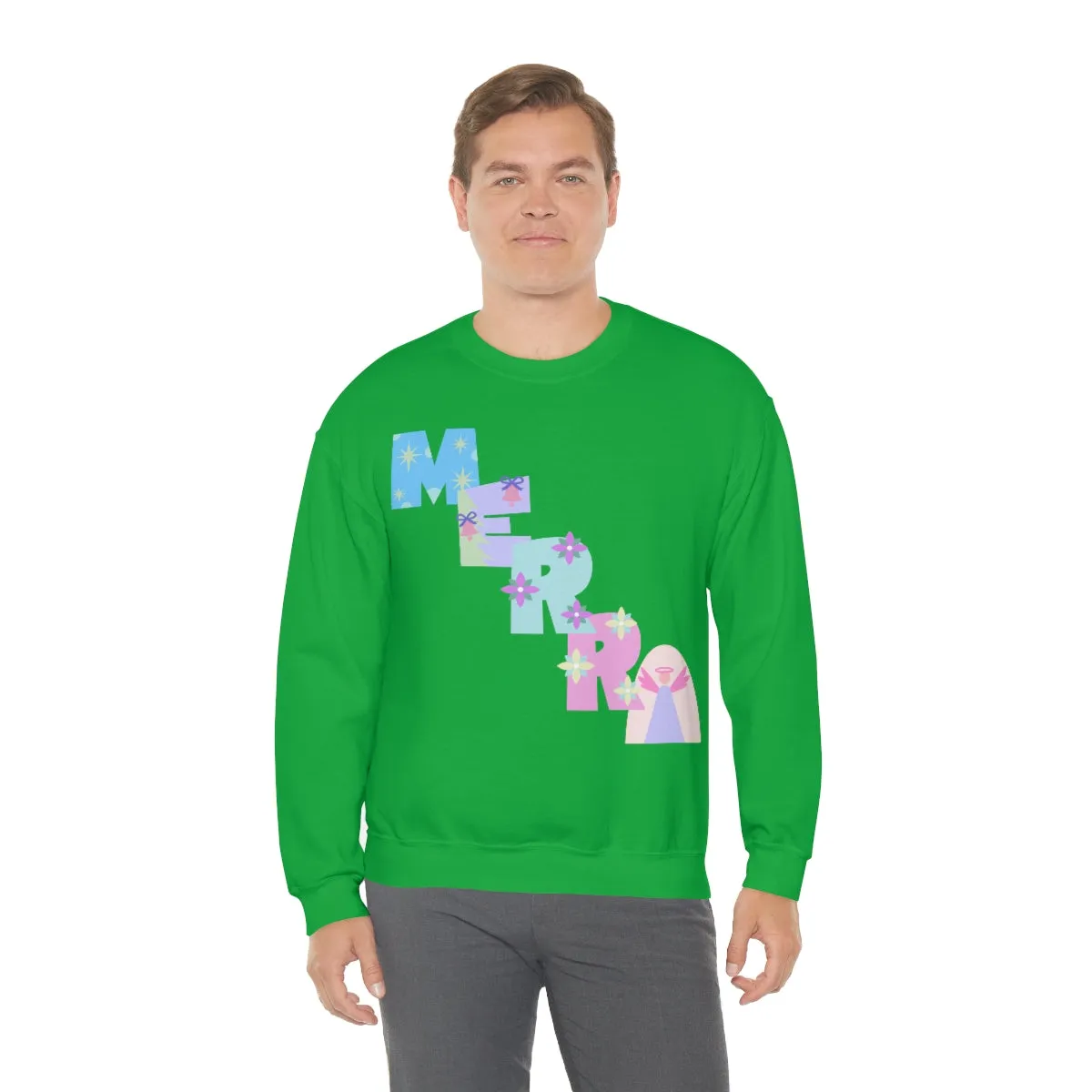 Pastel Christmas Sweatshirt, Holiday VSCO Girl Crewneck, Oversized Xmas Tumblr Sweater, Pastel Playful Letter Print Merry Trendy Sweatshirt