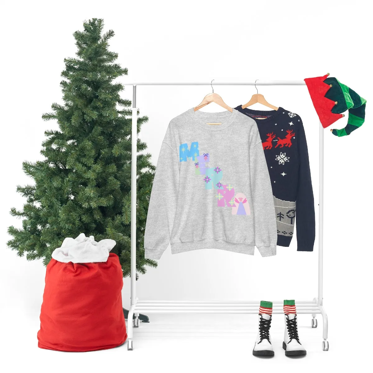 Pastel Christmas Sweatshirt, Holiday VSCO Girl Crewneck, Oversized Xmas Tumblr Sweater, Pastel Playful Letter Print Merry Trendy Sweatshirt