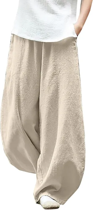 Petite Linen Pants for Women Summer Palazzo Wide Leg Linen Pant Loose Flowy Trousers