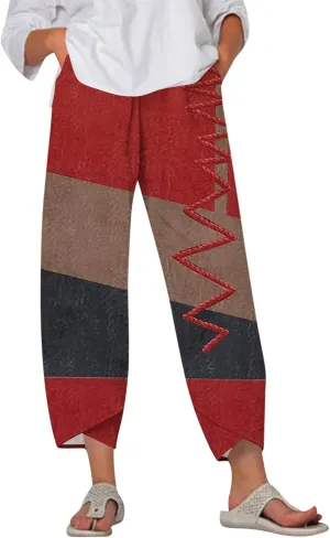 Petite Linen Pants Summer Wide Leg Hight Waisted Capri Pants Cotton Linen Comfy Cropped Palazzo Trousers with Pockets