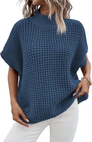 Pink Queen Women's Mock Neck Batwing Short Sleeve Loose Oversized Knit Pullover Sweater Jumper Tops