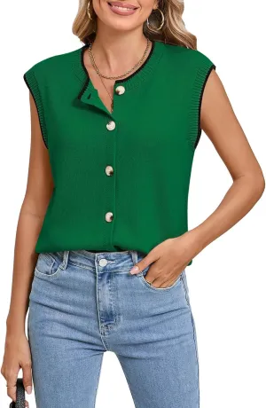 Pink Queen Women's Sweater Vest 2025 Sleeveless Tank Tops Casual Crewneck Button Down Fashion Knitted Vest Cardigans