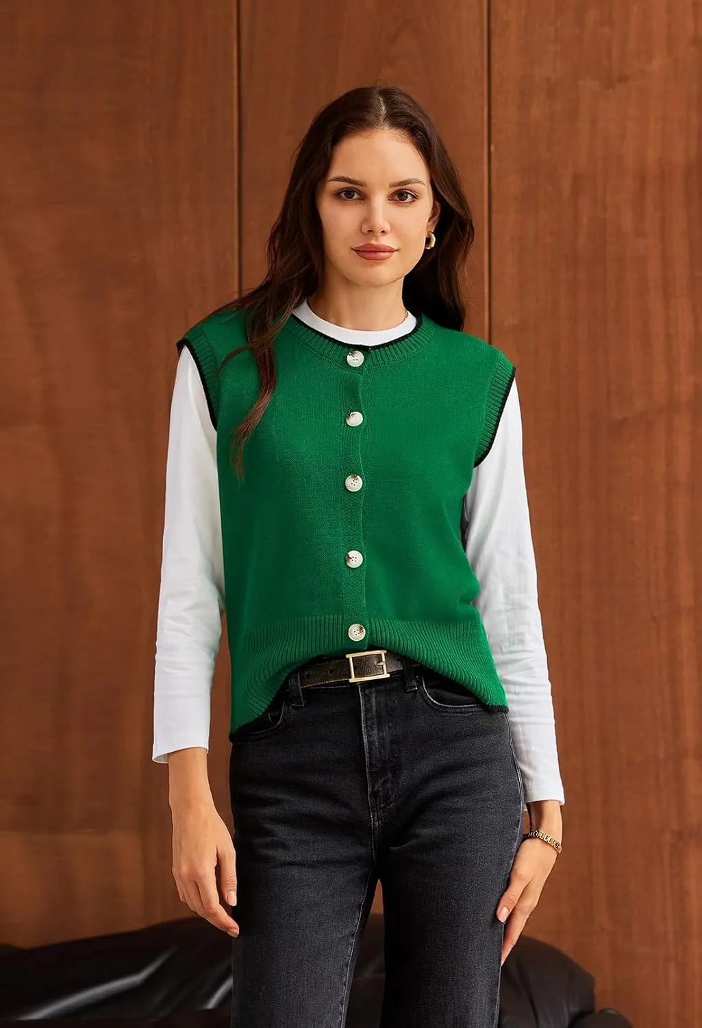 Pink Queen Women's Sweater Vest 2025 Sleeveless Tank Tops Casual Crewneck Button Down Fashion Knitted Vest Cardigans