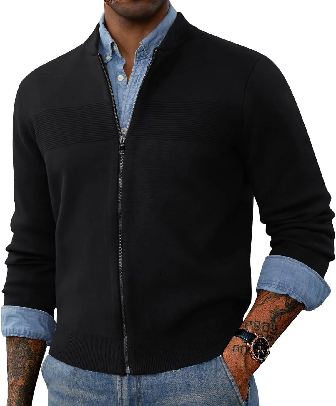 PJ PAUL JONES Mens Full Zip Cardigan Sweater Stand Collar Regular Fit Knit Sweaters
