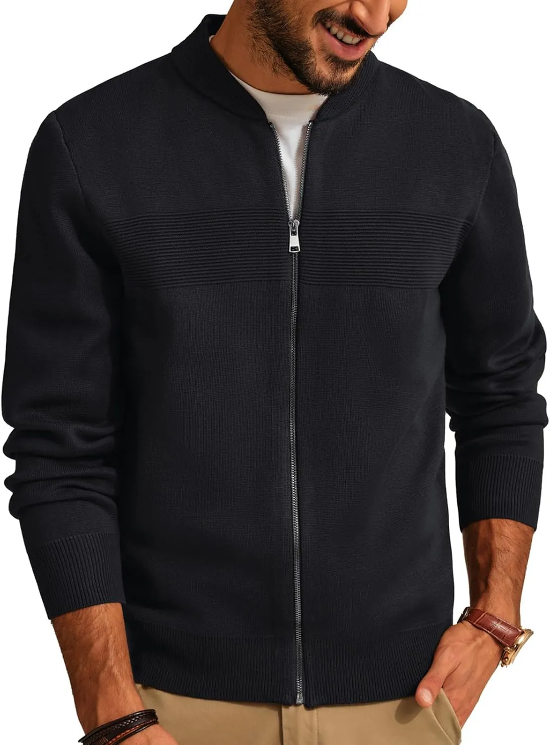 PJ PAUL JONES Mens Full Zip Cardigan Sweater Stand Collar Regular Fit Knit Sweaters
