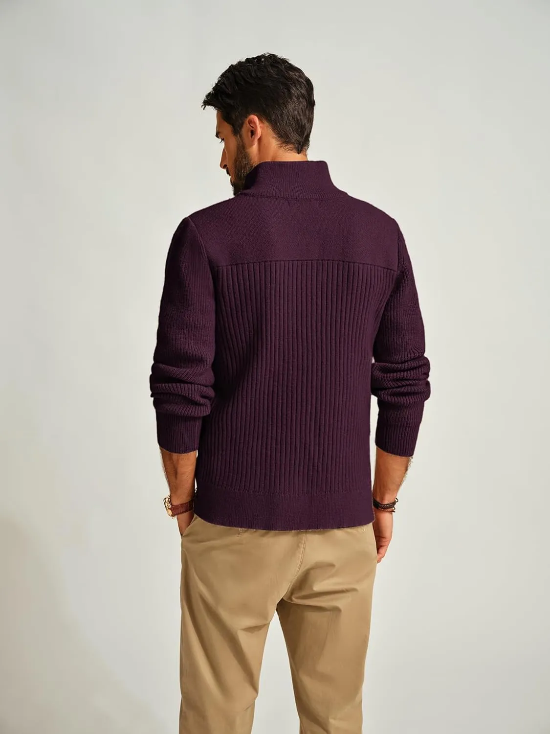 PJ PAUL JONES Men's Full Zipper Cardigan Casual Stand Collar Cardigan Sweater Ribbed Knit Long Sleeve Sweater