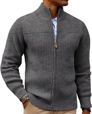 PJ PAUL JONES Men's Full Zipper Cardigan Casual Stand Collar Cardigan Sweater Ribbed Knit Long Sleeve Sweater