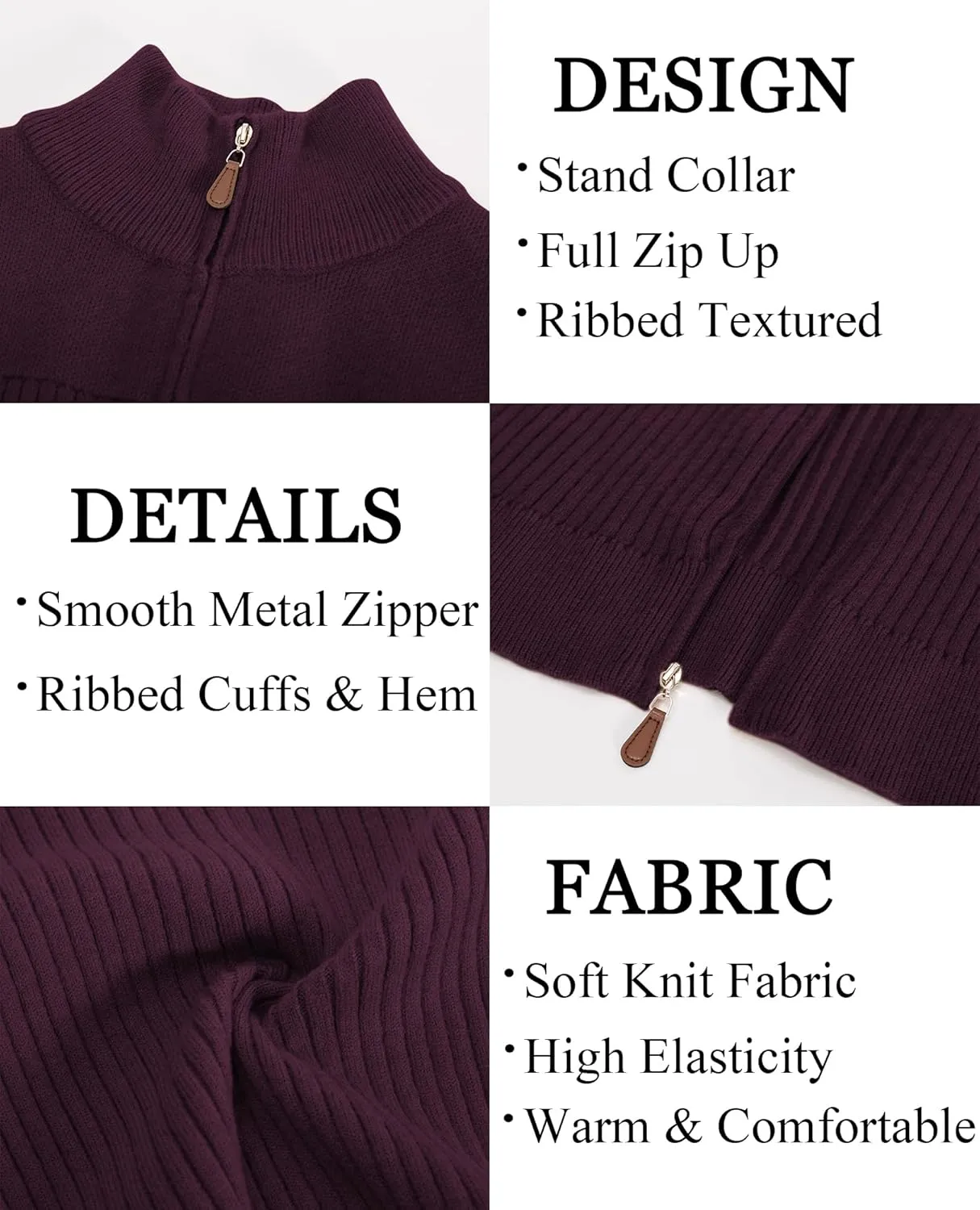 PJ PAUL JONES Men's Full Zipper Cardigan Casual Stand Collar Cardigan Sweater Ribbed Knit Long Sleeve Sweater