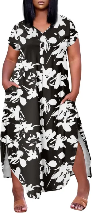 Plus Size Maxi Dress for Curvy Women Summer Casual Floral Print V Neck Pockets Beach Coverup Vacation Loose Sundress
