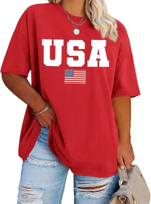 Plus Size USA Flag Shirt Women Patriotic Tee American Flag Tshirt 4th of July Top USA Summer Shirts