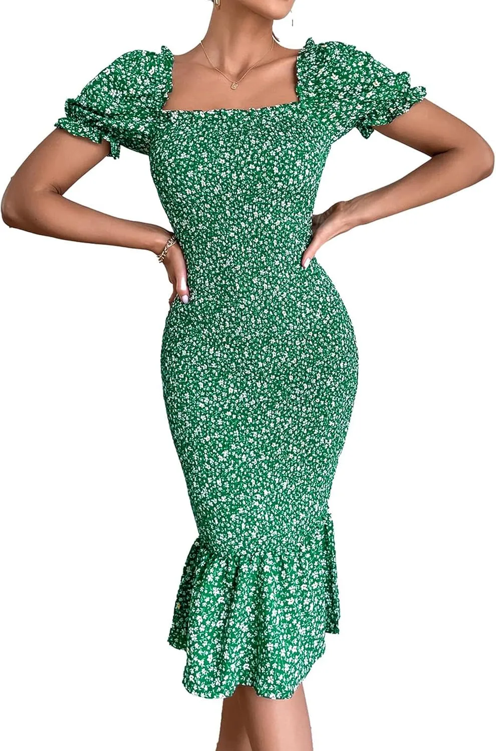 PRETTYGARDEN Summer Floral Bodycon Midi Dresses 2025 Puff Sleeve Mermaid Cocktail Baby Shower Photoshoot Maternity Dress