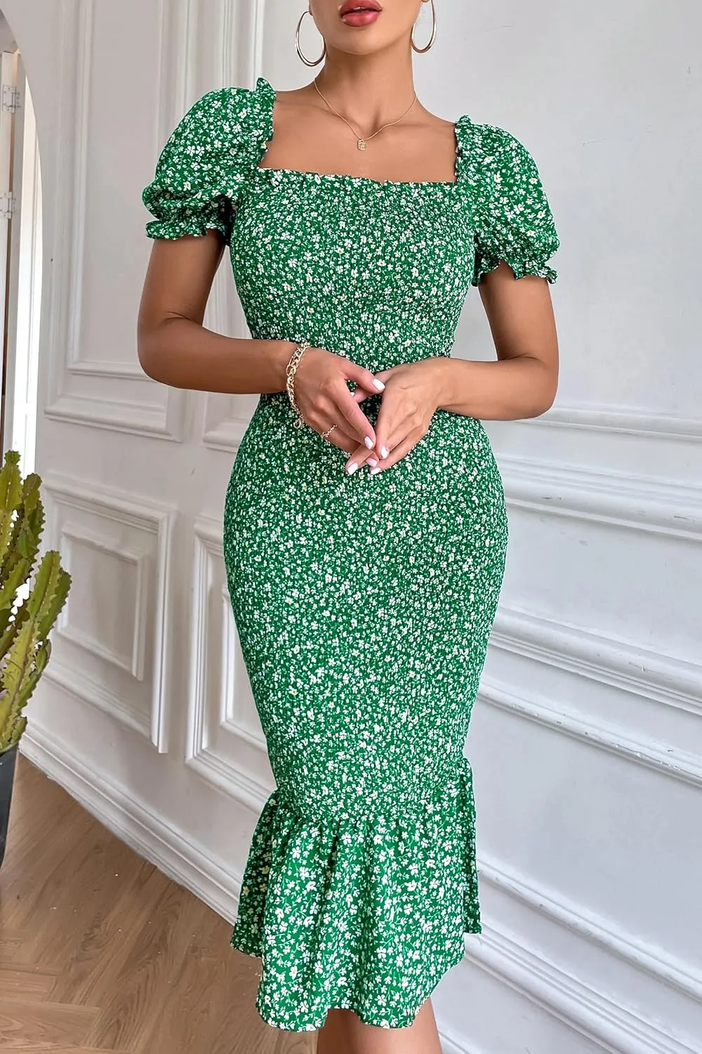 PRETTYGARDEN Summer Floral Bodycon Midi Dresses 2025 Puff Sleeve Mermaid Cocktail Baby Shower Photoshoot Maternity Dress