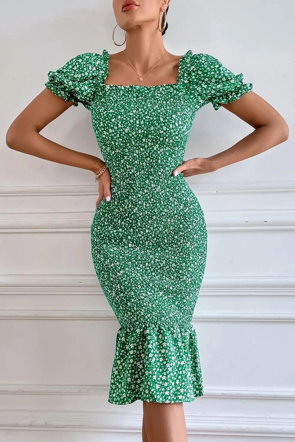 PRETTYGARDEN Summer Floral Bodycon Midi Dresses 2025 Puff Sleeve Mermaid Cocktail Baby Shower Photoshoot Maternity Dress