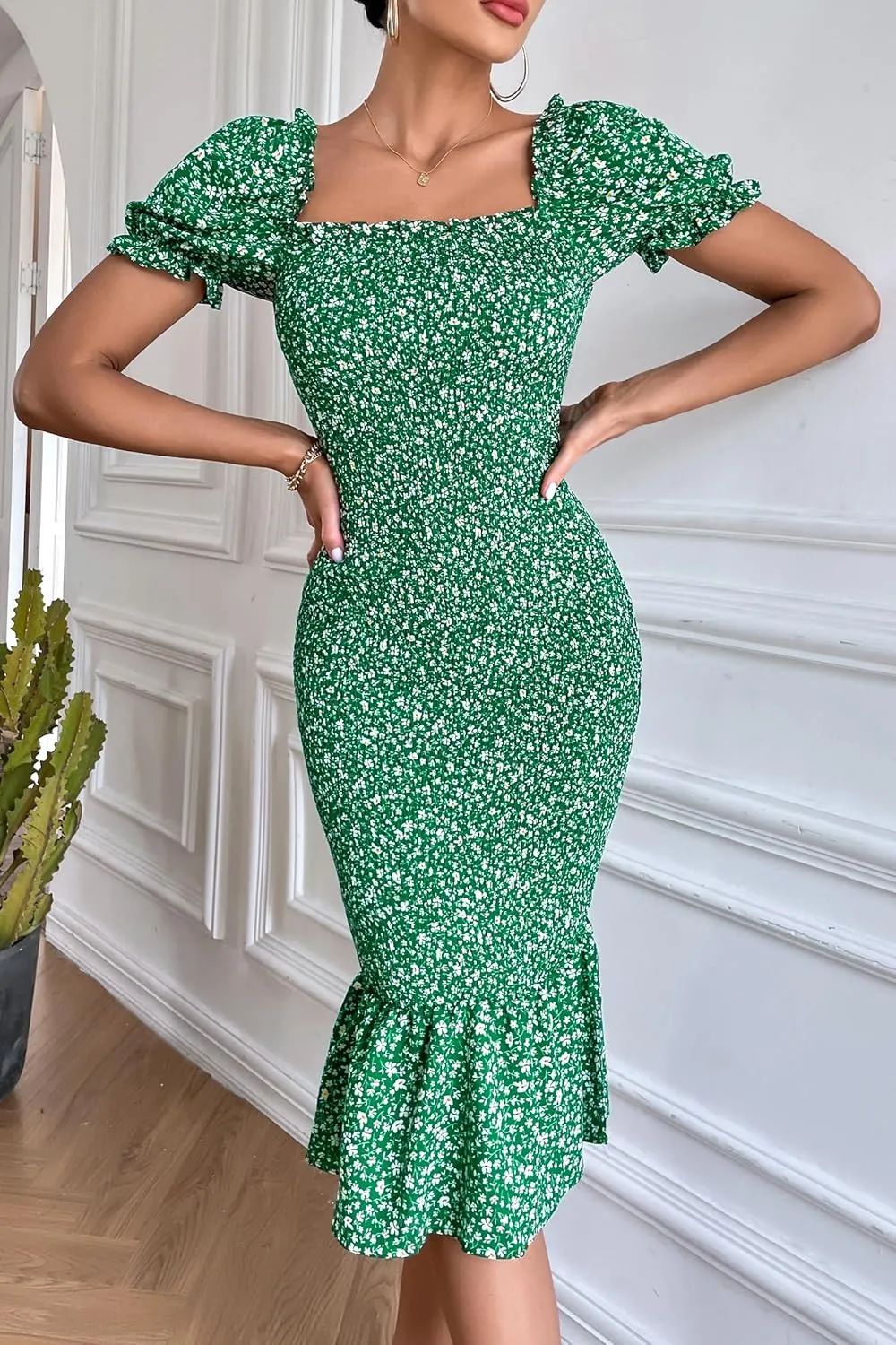 PRETTYGARDEN Summer Floral Bodycon Midi Dresses 2025 Puff Sleeve Mermaid Cocktail Baby Shower Photoshoot Maternity Dress