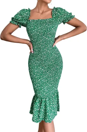 PRETTYGARDEN Summer Floral Bodycon Midi Dresses 2025 Puff Sleeve Mermaid Cocktail Baby Shower Photoshoot Maternity Dress